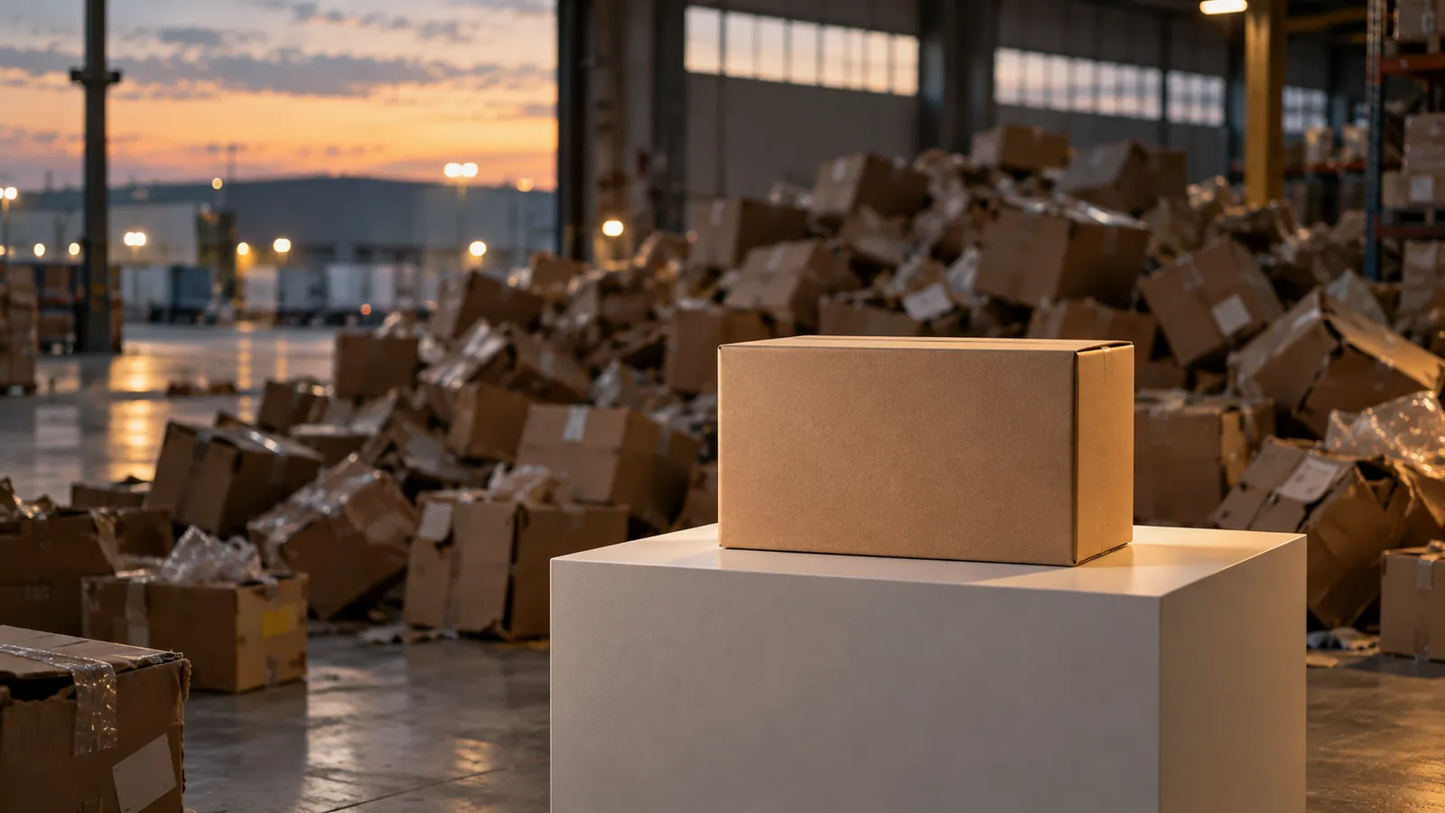 A single clean shipping box on a white plinth in front of a pile of damaged cartons in a warehouse