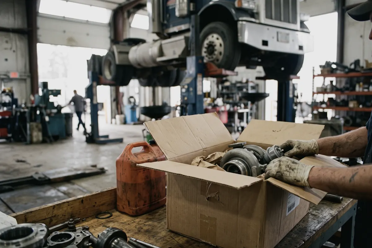 Replacement part arriving at a truck repair shop