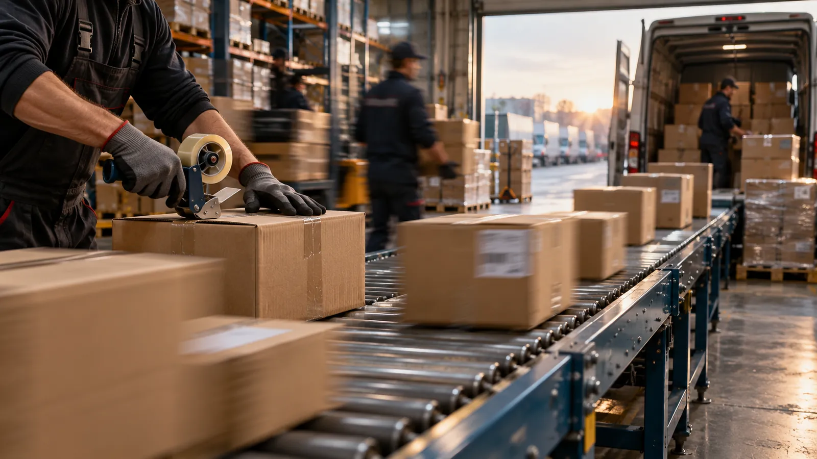 Warehouse worker taping a box on a roller conveyor while a delivery van is loaded at the dock