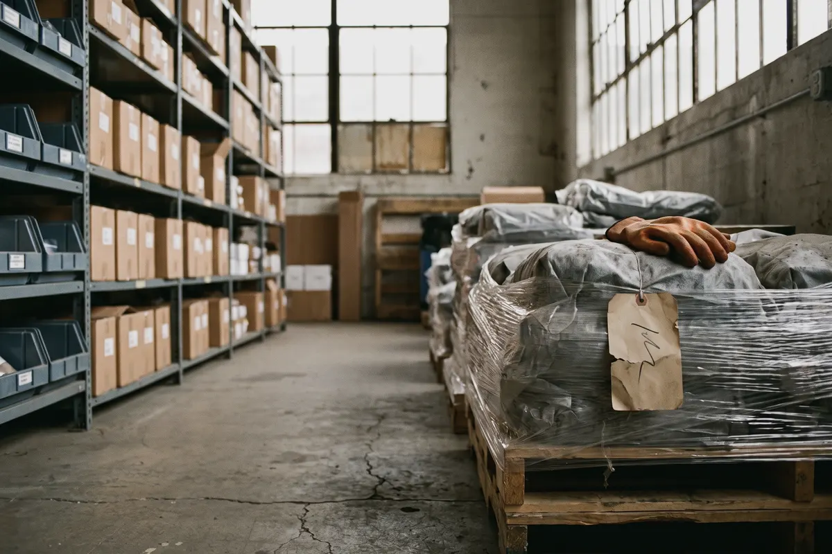 Fast-moving shelves next to pallets of slow inventory