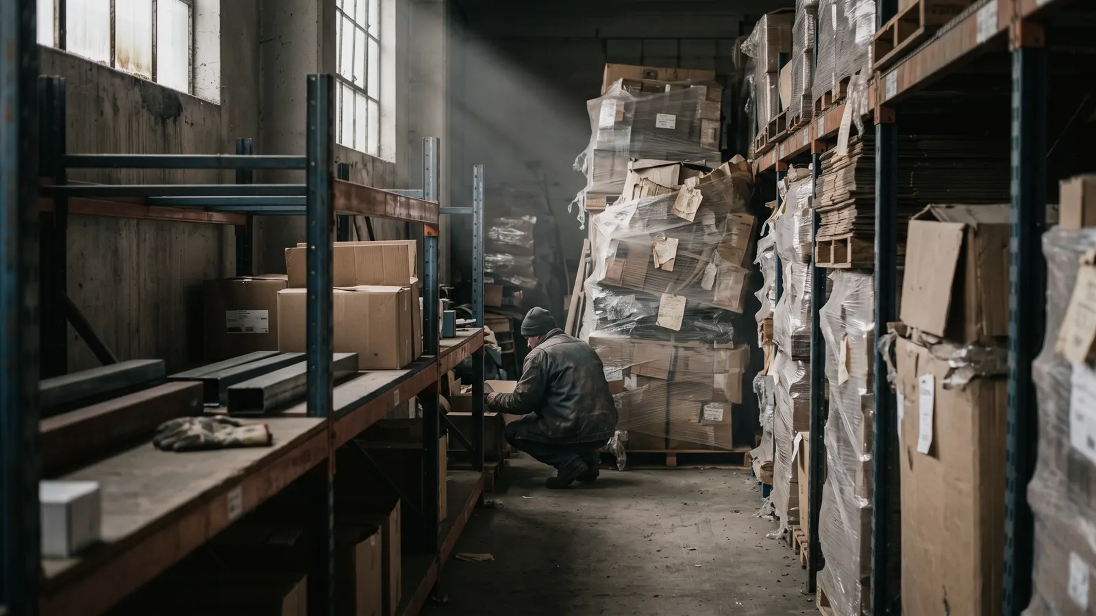 Warehouse aisle with excess inventory piled at the far end