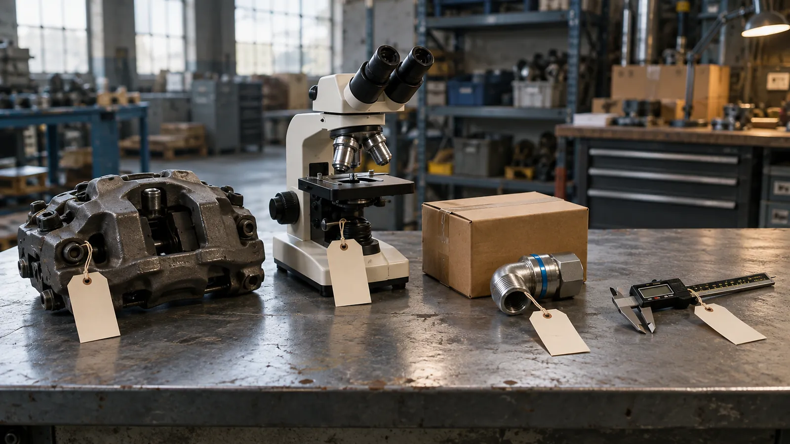 Tagged brake caliper, lab microscope, pipe fitting and digital caliper on a steel workbench ready for listing