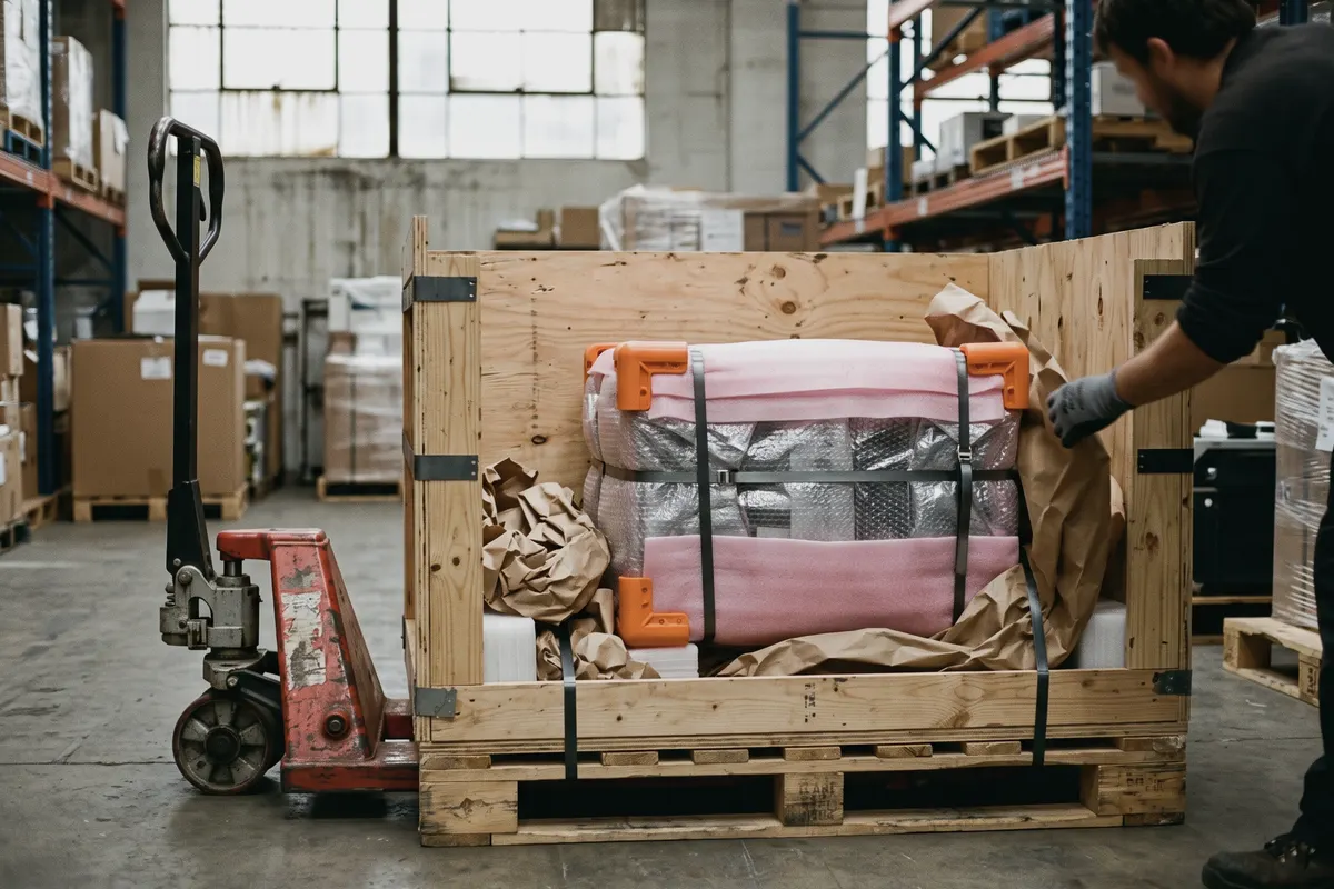 Lab instrument packed in a crate for freight shipping
