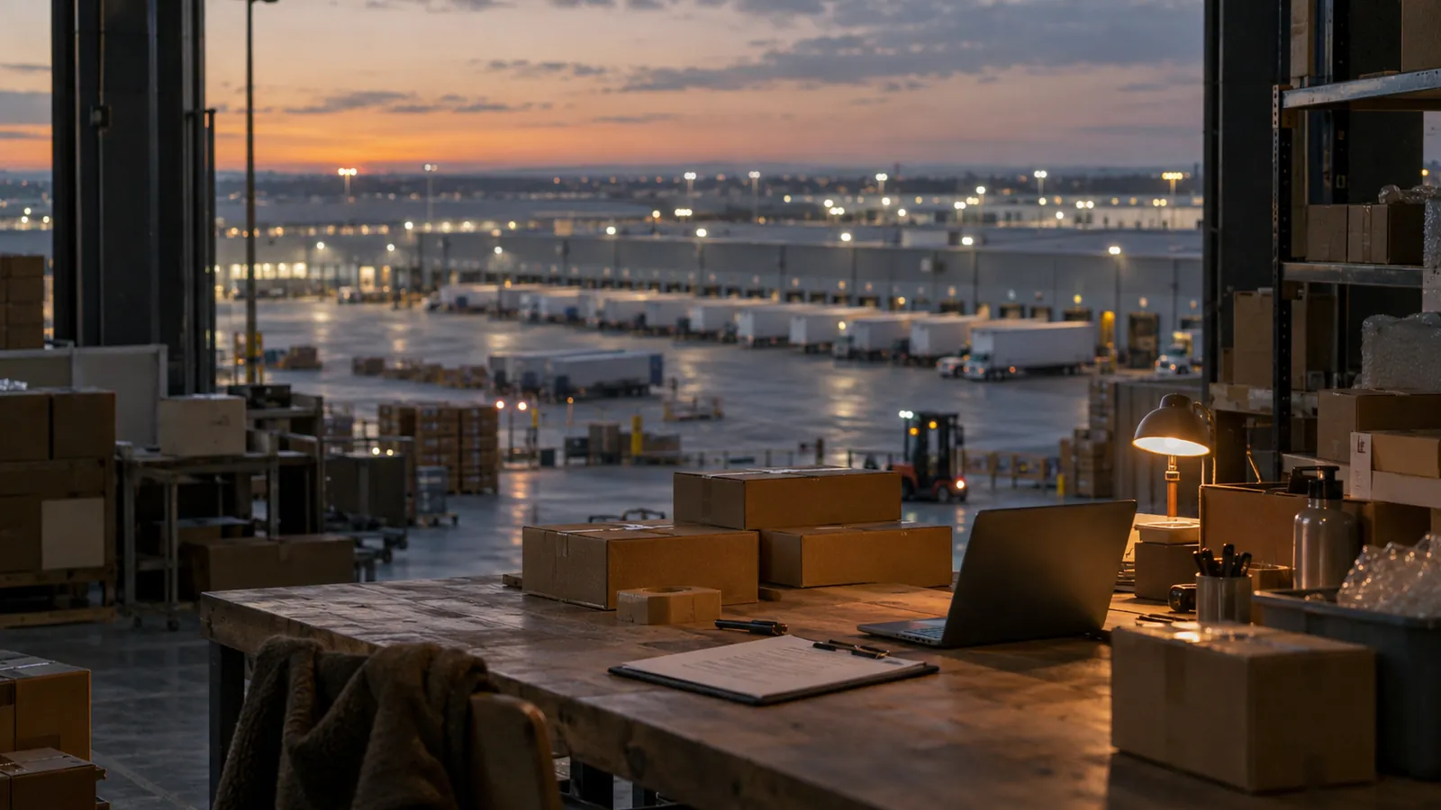 Small packing desk with a laptop and parcels overlooking a large distribution center at dusk