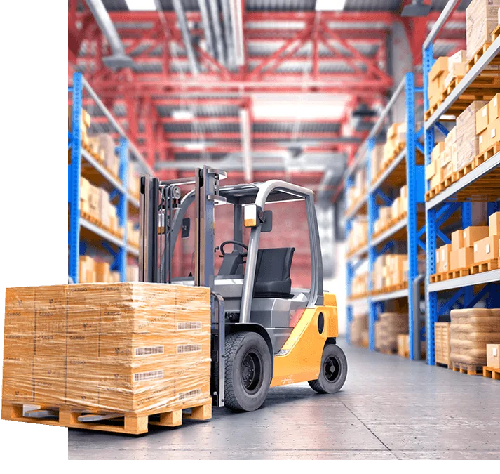 Warehouse aisle with a forklift moving palletized inventory