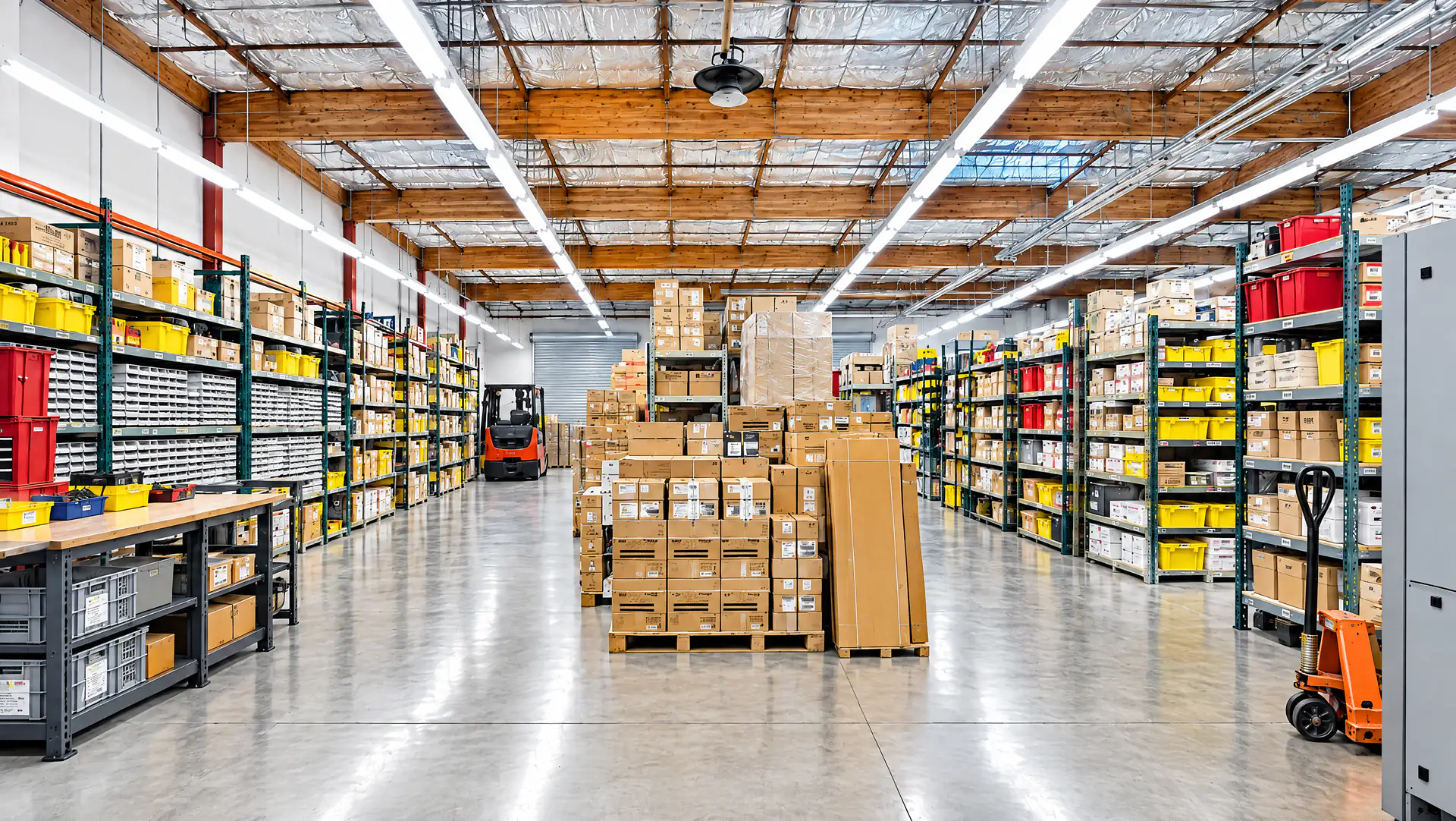 Nevra warehouse floor with shelved inventory, pallets ready to process and a forklift in the aisle
