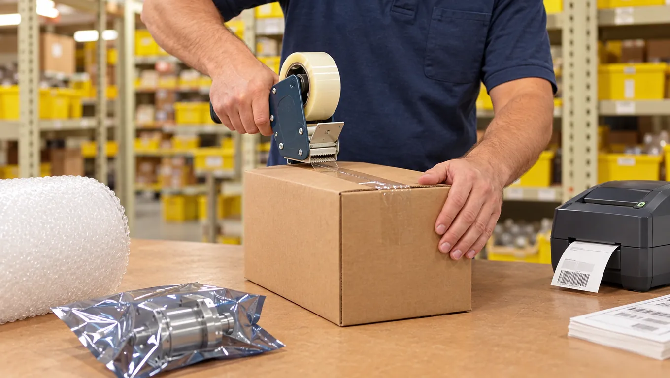 Packing a marketplace order: taping a box next to the label printer in the Nevra warehouse