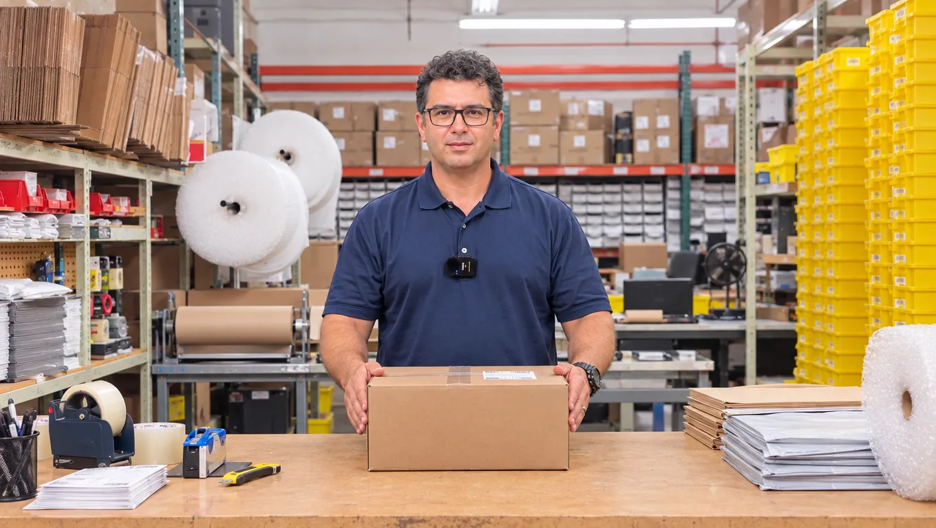 Nevra team member at the packing station with an order ready to ship