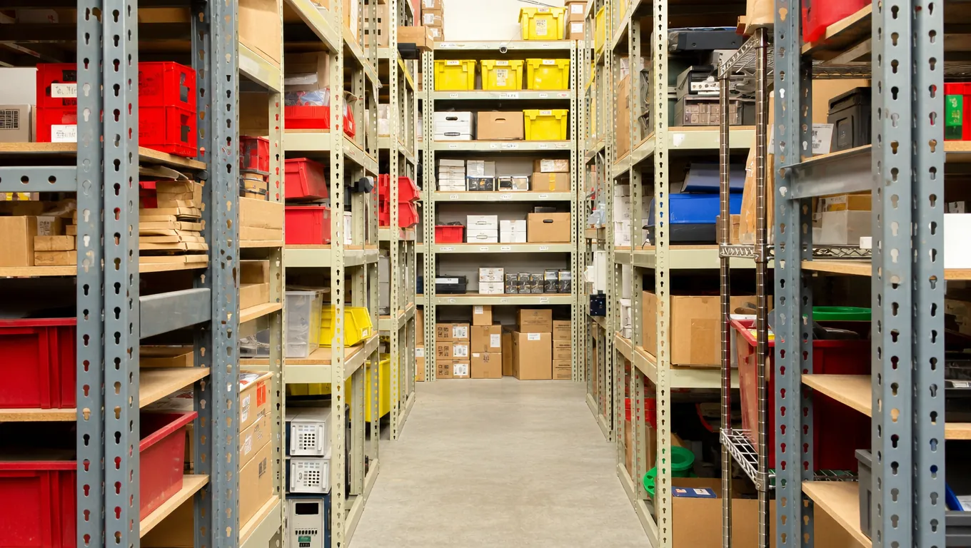 Warehouse aisle with inventory shelved in bins and boxes, ready to pick and ship