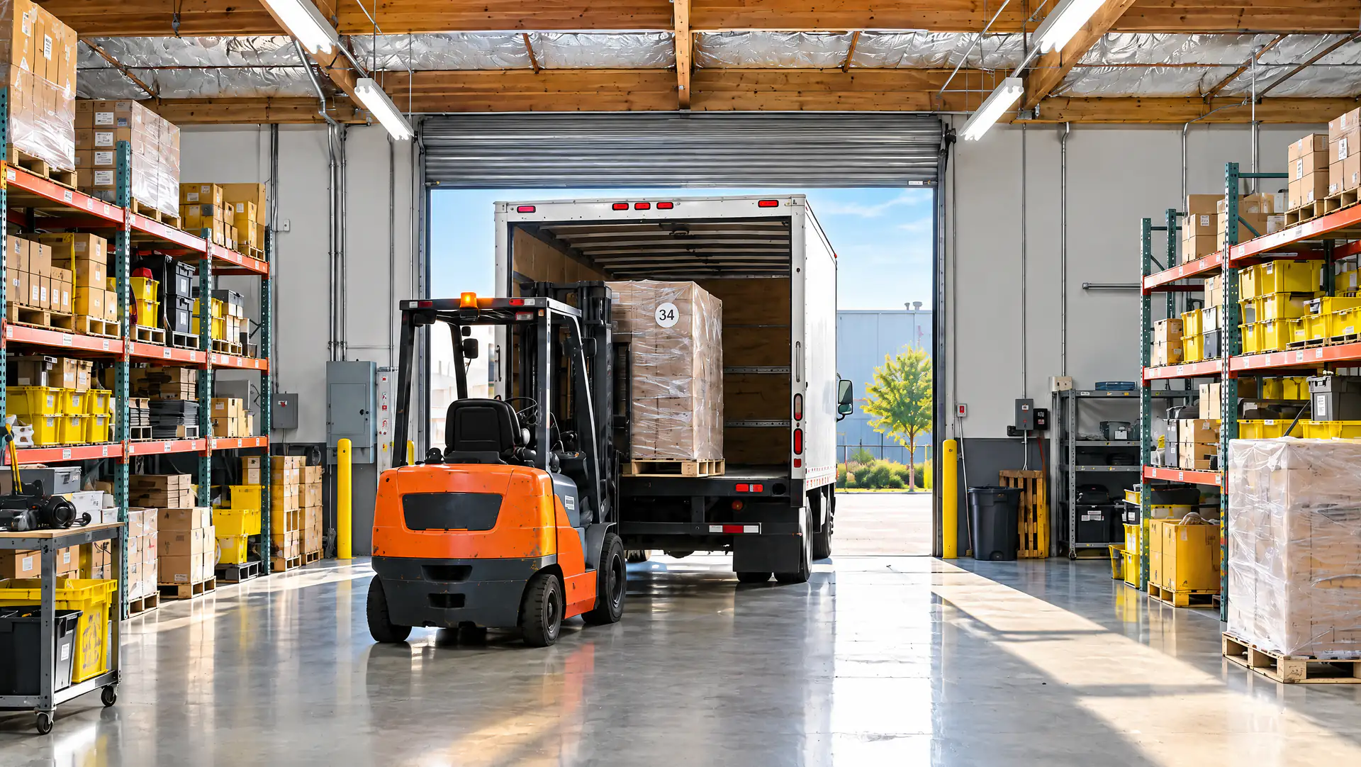 Forklift unloading a wrapped pallet of purchased inventory from a truck at the Nevra loading dock
